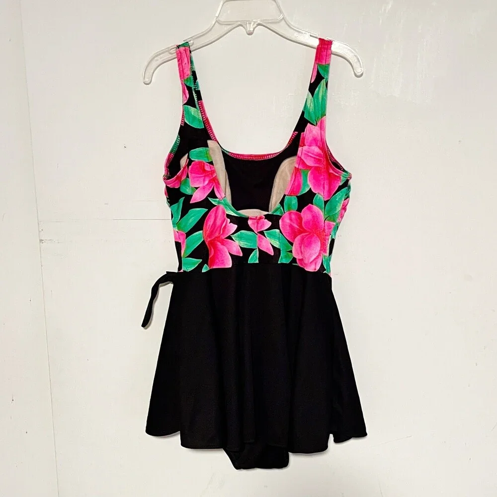Vintage Sea Fair Beach Floral Side Tie One Piece Summer Swimsuit Skirt USA Small